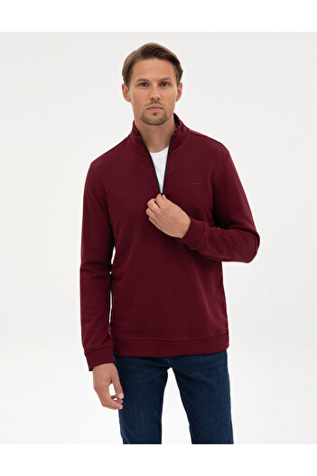 Pierre Cardin Bordo 3 İplik Regular Fit Fermuarlı Dik Yaka Basic Sweatshirt 50314044-VR014