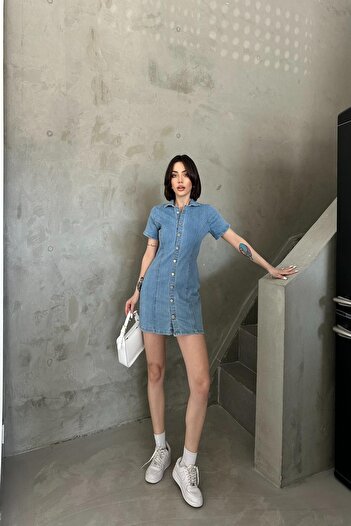 XRAY JEANS Γυναικείο Μίνι φόρεμα με ελαστικό τζιν με λαιμόκοψη με κουμπιά