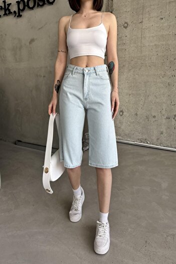 XRAY JEANS Γυναικείο ψηλόμεσο τζιν σορτς μέχρι το γόνατο με τσέπες Ice Blue