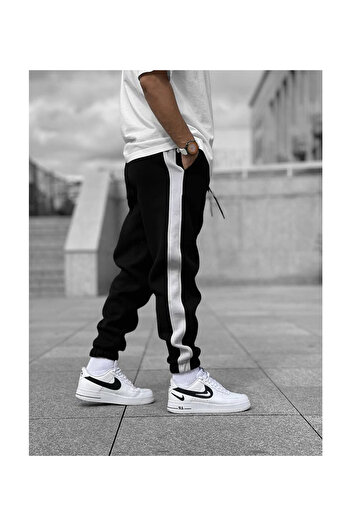 DEEPSENCE Black and WhitE MEn's SwEatPants - StripEd, Cotton and Elastic LEgs