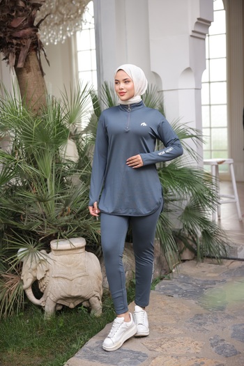MİMİ Luxury Wear Γκρι γυναικείο σετ φόρμας Jogger - με φερμουάρ, ύφασμα κατάδυσης, Standard Fit