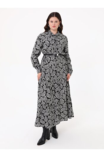 ALİA Large Size Floral Patterned Dress with Natural Fabric - Black - White-