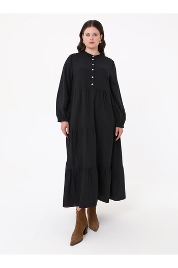 ALİA Judge Collar Button Detailed Plus Size Dress - Black - Alia
