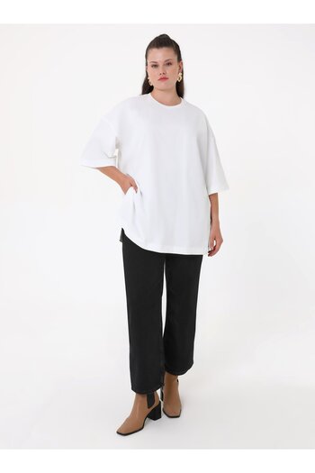 ALİA Plus Size Crew Neck T-Shirt - White - Alia