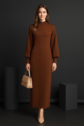 semela New Season Ribbed Zipper Detail Long Dress