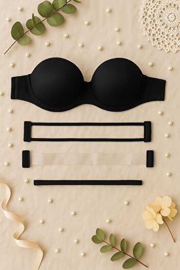 enmodaiçgiyim Black Strapless Silicone Adhesive Supported Bra – 3 Strap Options