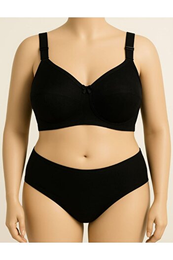 enmodaiçgiyim Plus Size D Cup Non-Sponge Non-Wired Patterned Gathering Bra – Black