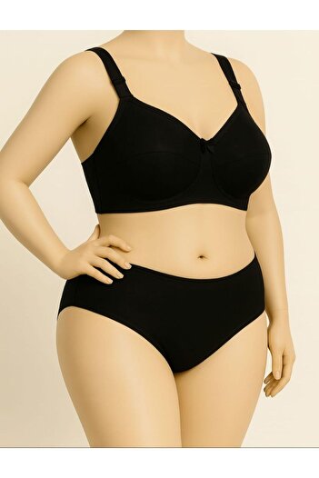 enmodaiçgiyim Plus Size D Cup Non-Sponge Non-Wired Patterned Gathering Bra – Black