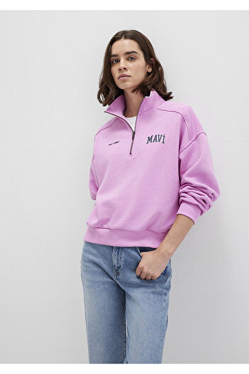 Mavi Logo Printed Semi-Zip Pink Sweatshirt 1S10373-71067