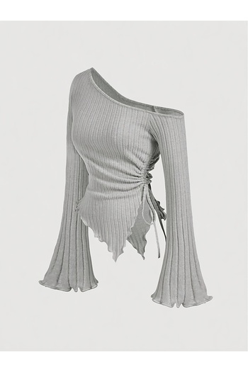 ARK MAĞAZALARI Women's Gray Asymmetrical One-Shoulder Knitwear Blouse – Spanish Sleeve, Drawstring Detail