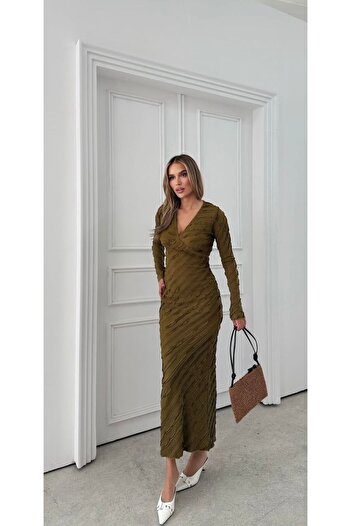 ARK MAĞAZALARI Ruffled V-Neck Khaki Midi Dress