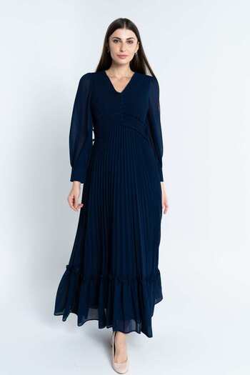 Nichii Women's Maxi Dress with Long Sleeves and Seven-Button Waist Detail