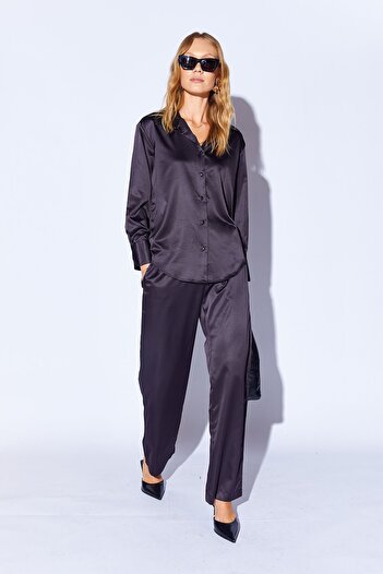 Manche Siyah Saten Palozzo Kesim Beli Lastikli Kadın Pantalon | MKS669594-01