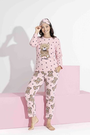 Tarık Women's Pink Teddy Bear Pattern Mother-Daughter Matching Long Sleeve Fleece Plush Fabric Winter Warm Pajamas Set