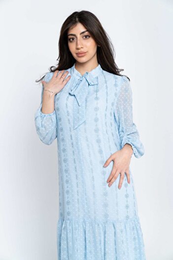 Nichii Women's Long Sleeve Midi Chiffon Dress with Bow Tie Collar