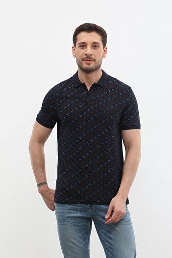 MARKAPIA Polo Collar Domino Patterned Men's T-Shirt - 100% Cotton