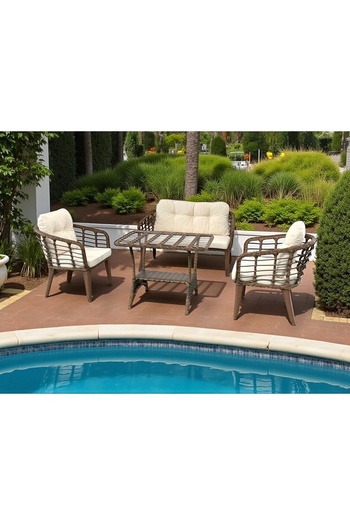 Tu Tienda KARTEPE 2 1 1 RATTAN BAHÇE BALKON TAKIMI,KAHVE RATTAN/KREM KUMAŞ
