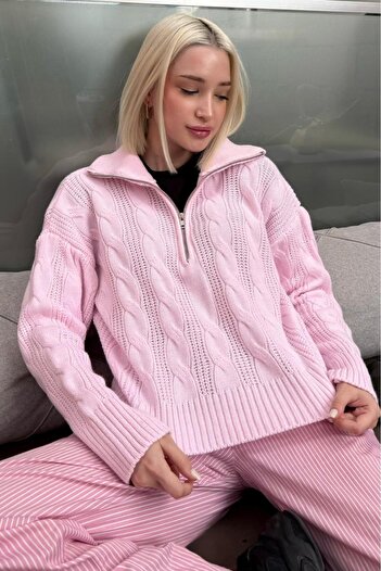 Madmext Pembe Örgü Desenli Fermuarlı Yaka Kadın Triko Kazak MG2546