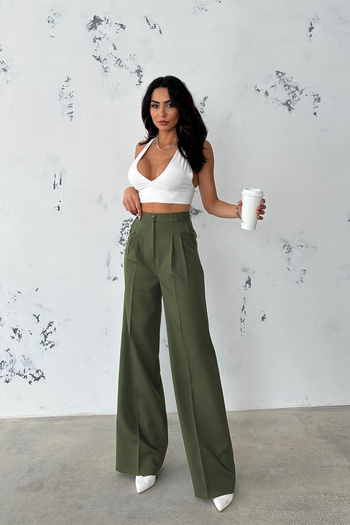 Ortaya Çık Khaki Pleated Fabric Palazzo Trousers