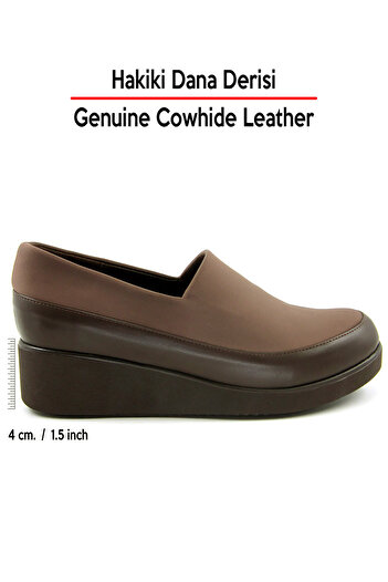 Erkan Saçmacı Rebecca Brown Genuine Cowhide Leather Front Face Stretch Wedge Heeled Casual Shoes