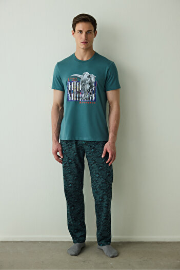Penti Men's Jurassic Slogan Printed Short Sleeve Pajama Set