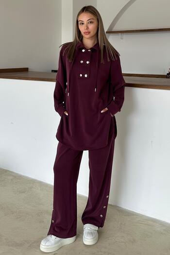 Olcay Premium Fabric Casual Sweat Pants Set with Metal Accessories Bordo 9372-Tk