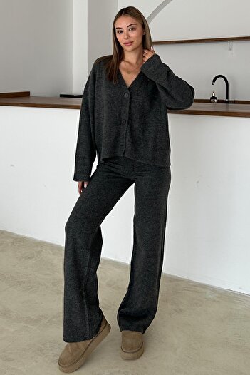 Olcay V-Neck Cardigan Pants Knitwear Set Anthracite 9368-Tk