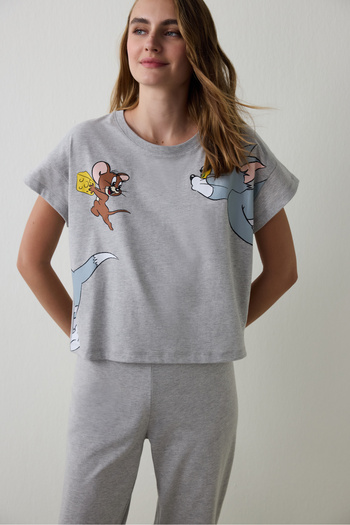 Penti Gray Melange Tom & Jerry Printed Short Sleeve Pajama Set