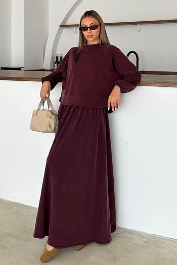 Olcay Crew Neck Premium Fabric Sweat Skirt Set Bordo 9383-Tk
