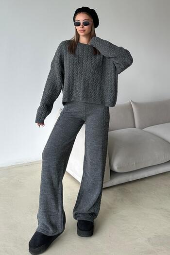 Olcay Crew Neck Hair Knitwear Suit Anthracite 9369-Tk