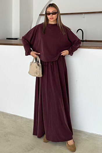 Olcay Crew Neck Premium Fabric Sweat Skirt Set Bordo 9383-Tk