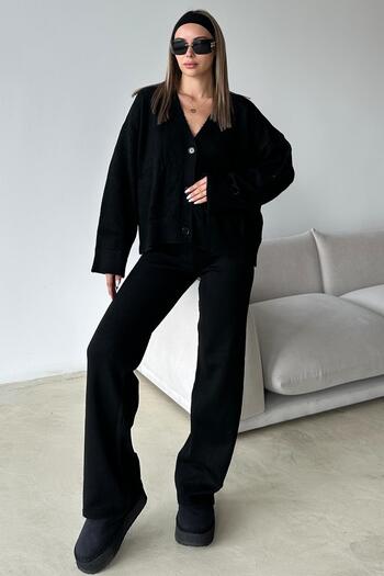 Olcay V-Neck Cardigan Pants Knitwear Set Black 9368-Tk