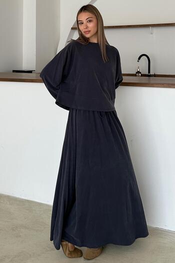 Olcay Crew Neck Premium Fabric Sweat Skirt Set Indigo 9383-Tk