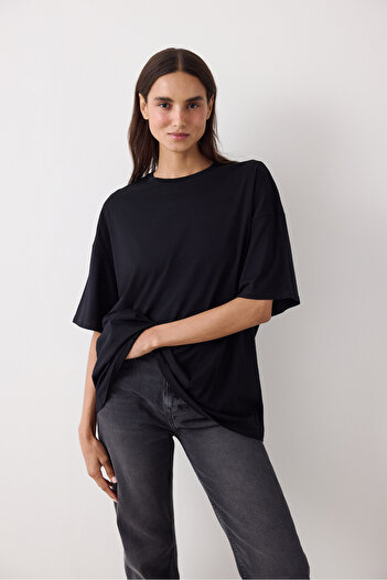 Penti Black Basic Oversize Crew Neck T-Shirt