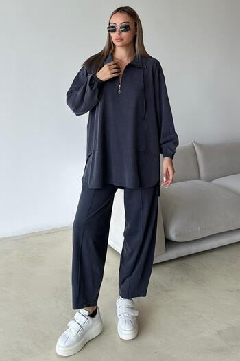 Olcay Premium Knitted Fabric Tunic Pants Set with Zipper Detail at the Collar Indigo 9375-Tk