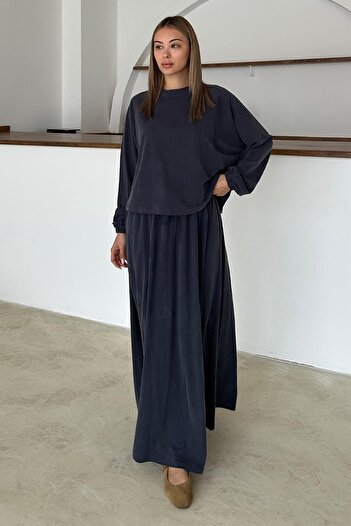 Olcay Crew Neck Premium Fabric Sweat Skirt Set Indigo 9383-Tk