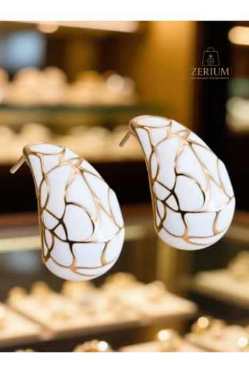 ZERİUM Minimalist White Marble Stone Detailed Steel Drop Women's Earrings