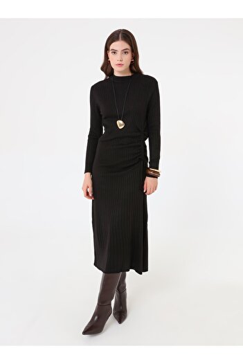 Refka Knitted Hijab Dress with Side Gather Detail - Black -