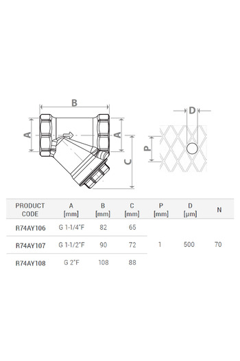 GIACOMINI Y-filter R74AY108, internal thread G 2", brass, inspectable, 30 bar, 500 microns, HVAC