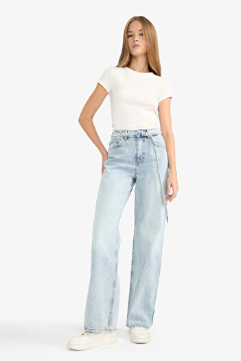 DeFacto Straight Wide High Waist Straight Leg Long Jean Washed Pants F2945Ax25Wn