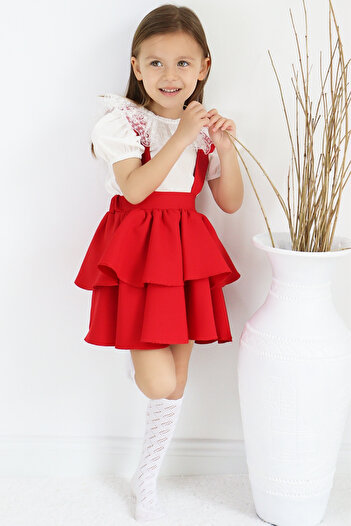 Parla Kids Girl's Helen Red Strap Lacing Gilet 29 October Dress Ecru Lace Short Sleeve Blouse Evening Dress Set