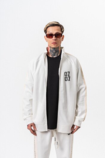 Respire Men's 7 Stripe Detailed Stand Collar Doubleface Zip Oversize Sweatshirt Ecru