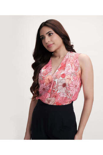 Zigzag Neck Pleated Printed Pink Top