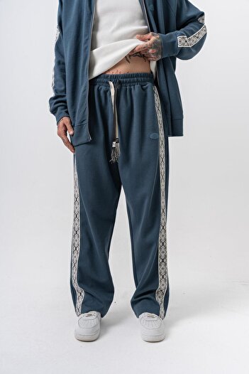 Respire Men's Damask Stripe Detailed Winter Doubleface Baggy Sweatpants Petrol