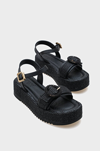 Capone Outfitters Vanda Wooden Single Buckle Leopard Straw Wedge Heeled Women's Sandals