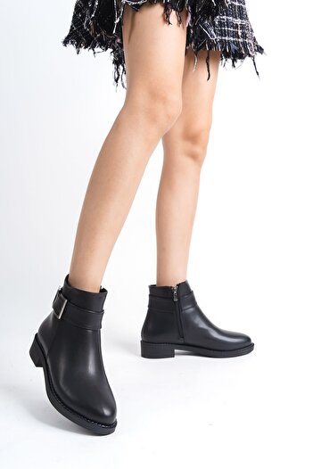 Limeo Black Side Buckle Zippered Leather Look Short Classic Women's Bootie