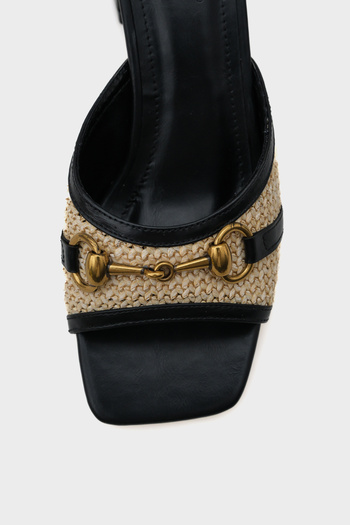 Capone Outfitters Women's Gold Buckle Straw Detailed Thick Heeled Black Slippers
