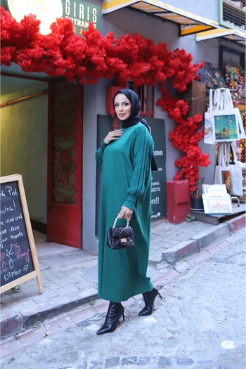 NİSUM MODA Glitter Balloon Sleeve Mercerized Dress
