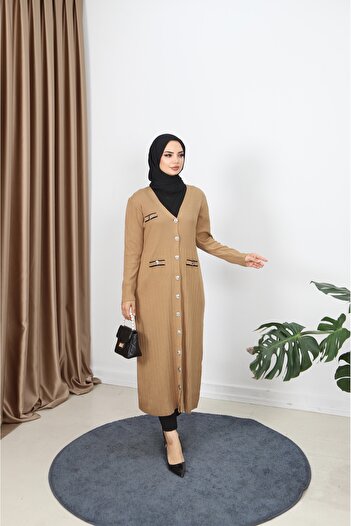NİSUM MODA Mercerized Long Cardigan with Pocket Detail