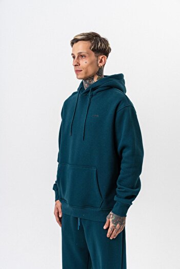 Respire Men's Text Detailed Hooded Basic Oversize Hoodie Emerald